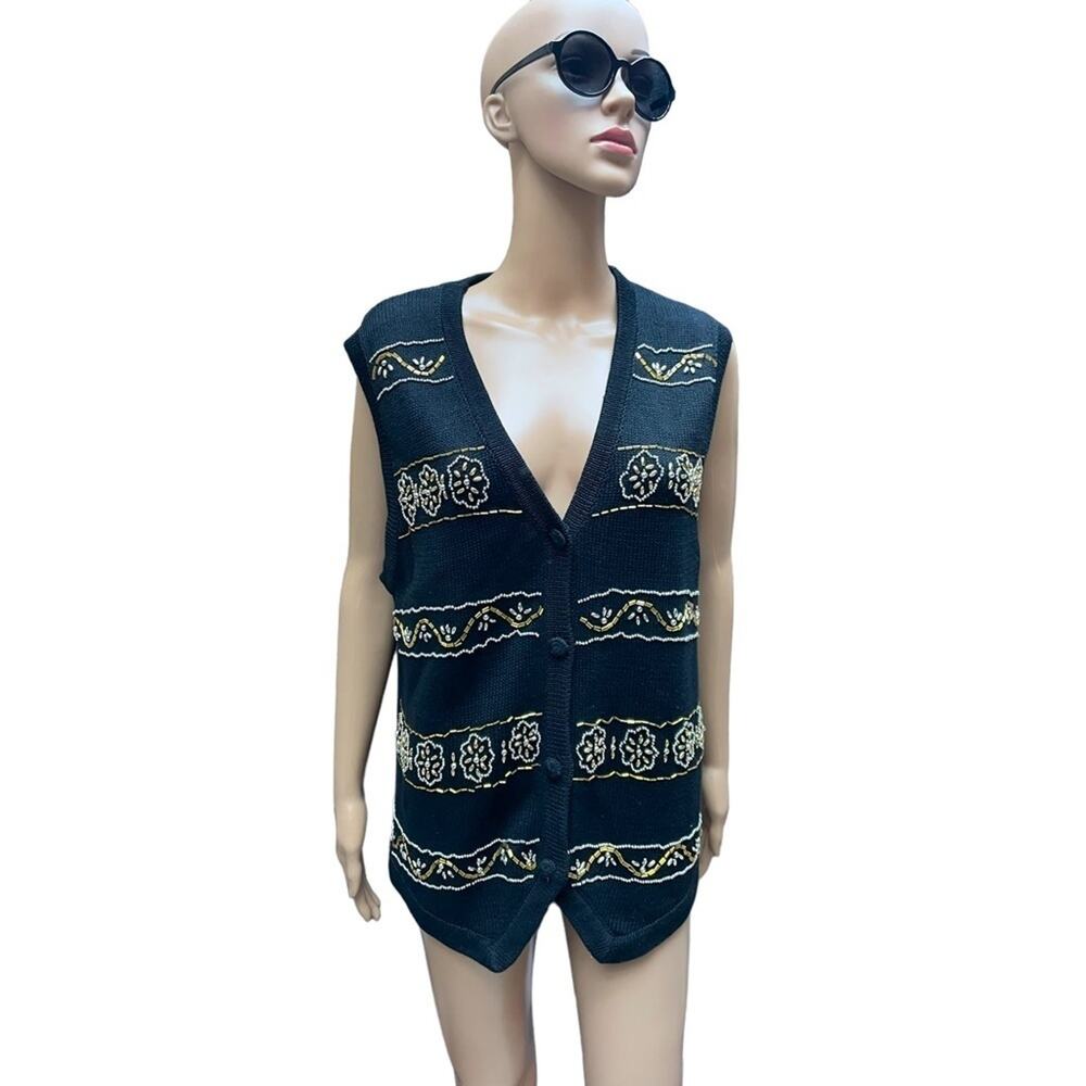 Victoria Jones Sweater Vest Women L Casual Knit Oversize Beaded Button Up Black